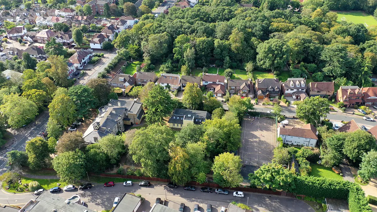 Aerial view of homes and trees in Buckhurst Hill